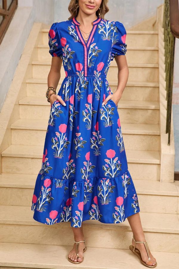 Women Sky Blue Floral Ruffle Hem Pop Of Color Neckline Dress | Midi Dresses - Image 4