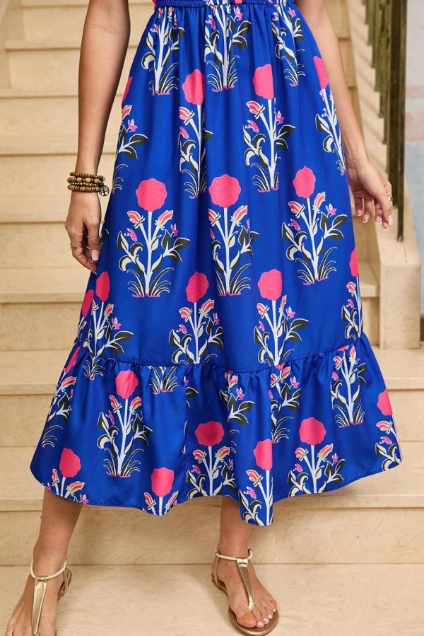 Women Sky Blue Floral Ruffle Hem Pop Of Color Neckline Dress | Midi Dresses - Image 5