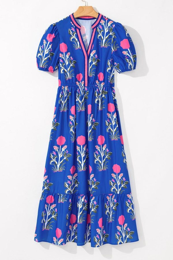 Women Sky Blue Floral Ruffle Hem Pop Of Color Neckline Dress | Midi Dresses - Image 6