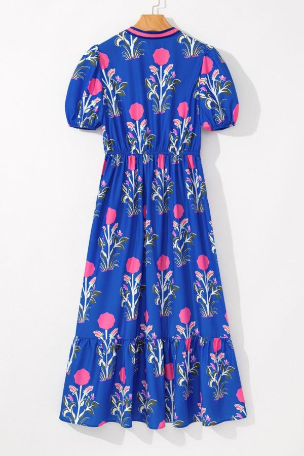 Women Sky Blue Floral Ruffle Hem Pop Of Color Neckline Dress | Midi Dresses - Image 7