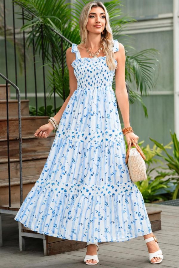 Women Sky Blue Floral Smocked A-Line Tie Straps Maxi Dress | Maxi Dresses