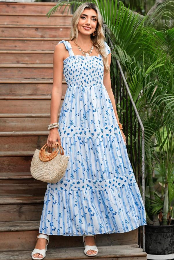 Women Sky Blue Floral Smocked A-Line Tie Straps Maxi Dress | Maxi Dresses - Image 2