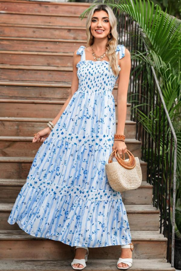 Women Sky Blue Floral Smocked A-Line Tie Straps Maxi Dress | Maxi Dresses - Image 3