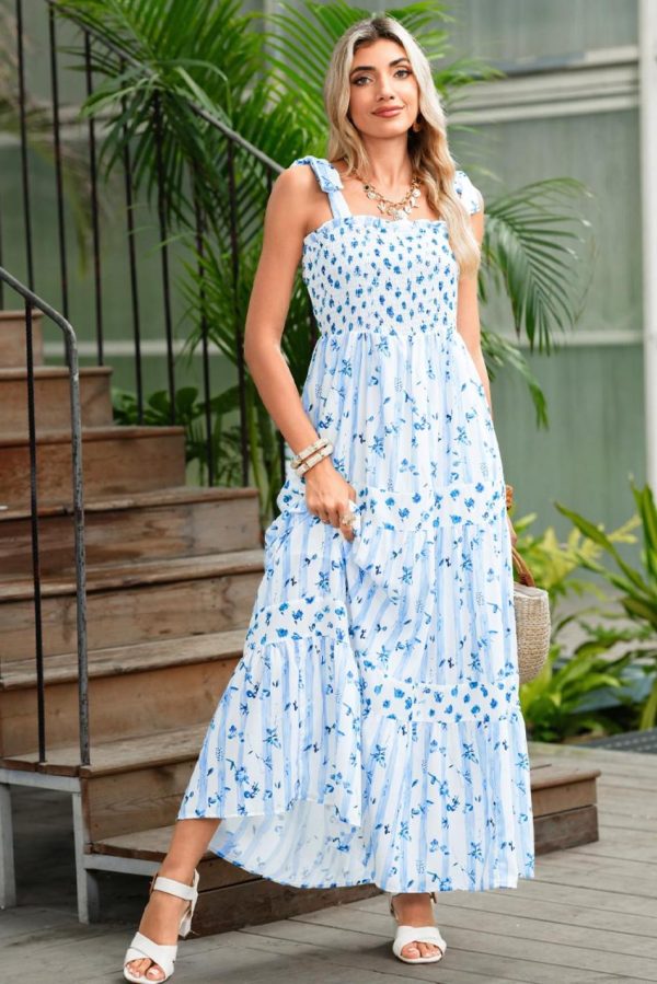 Women Sky Blue Floral Smocked A-Line Tie Straps Maxi Dress | Maxi Dresses - Image 4