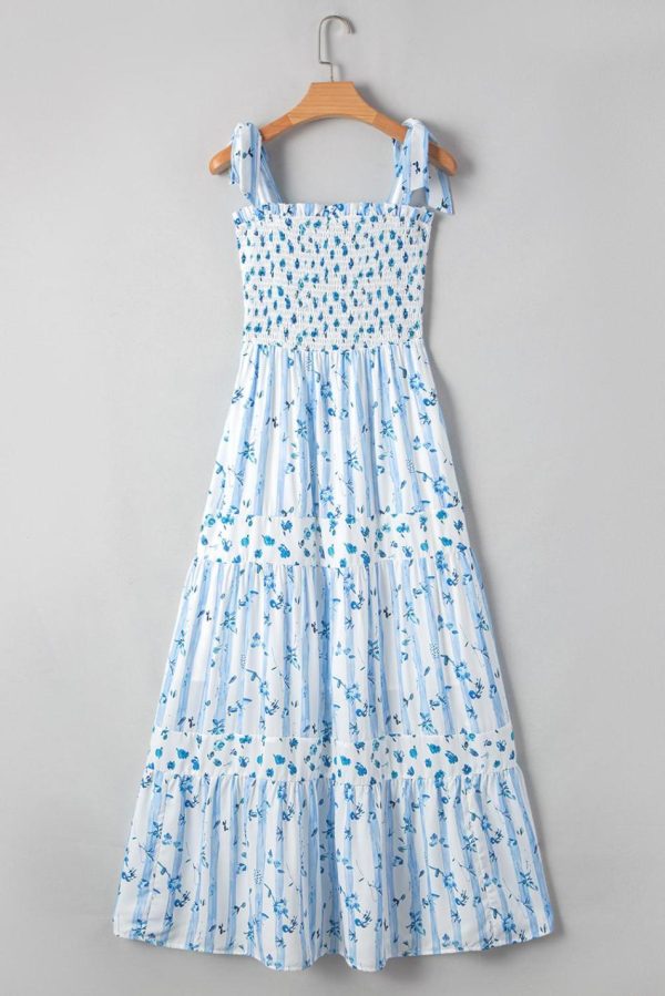 Women Sky Blue Floral Smocked A-Line Tie Straps Maxi Dress | Maxi Dresses - Image 5