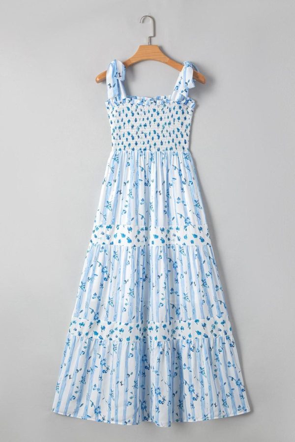Women Sky Blue Floral Smocked A-Line Tie Straps Maxi Dress | Maxi Dresses - Image 6