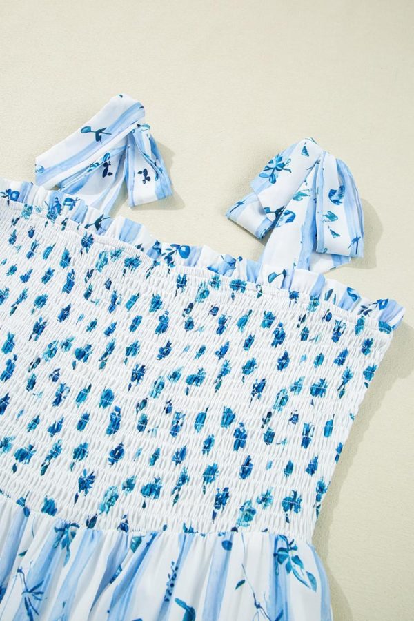 Women Sky Blue Floral Smocked A-Line Tie Straps Maxi Dress | Maxi Dresses - Image 7