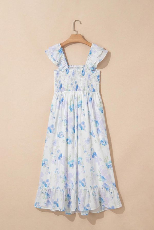 Women Sky Blue Floral Smocked High Waist Ruffle Sleeveless Long Dress | Maxi Dresses - Image 2