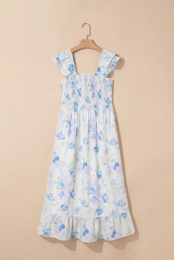 Women Sky Blue Floral Smocked High Waist Ruffle Sleeveless Long Dress | Maxi Dresses - Image 3