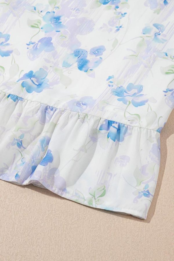 Women Sky Blue Floral Smocked High Waist Ruffle Sleeveless Long Dress | Maxi Dresses - Image 5