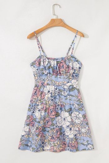 Women Sky Blue Floral Tiered Patchwork Spaghetti Strap Vacation Dress | Short Dresses