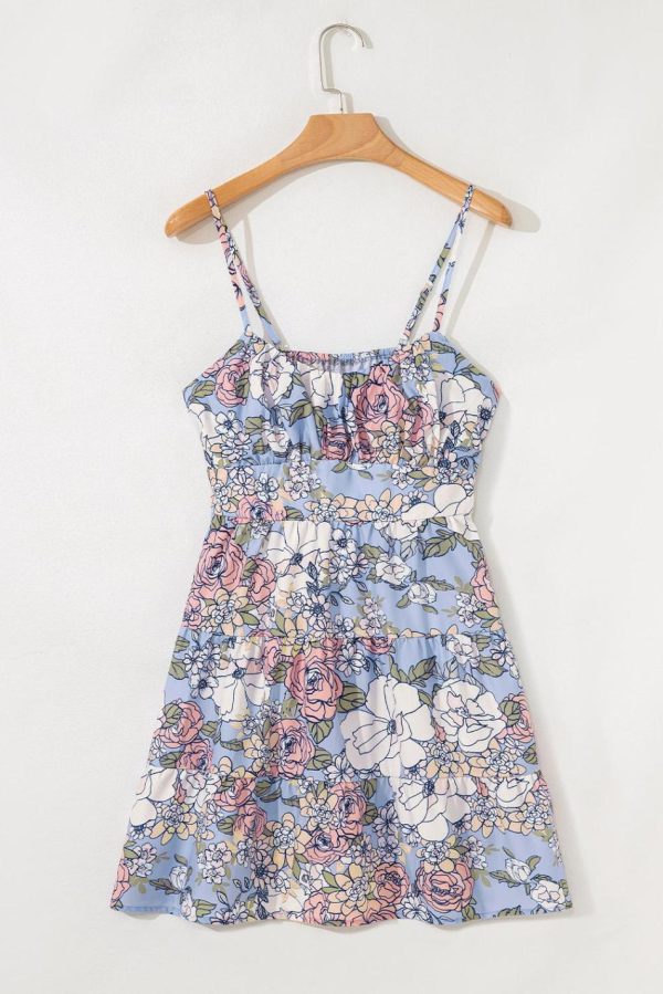 Women Sky Blue Floral Tiered Patchwork Spaghetti Strap Vacation Dress | Short Dresses
