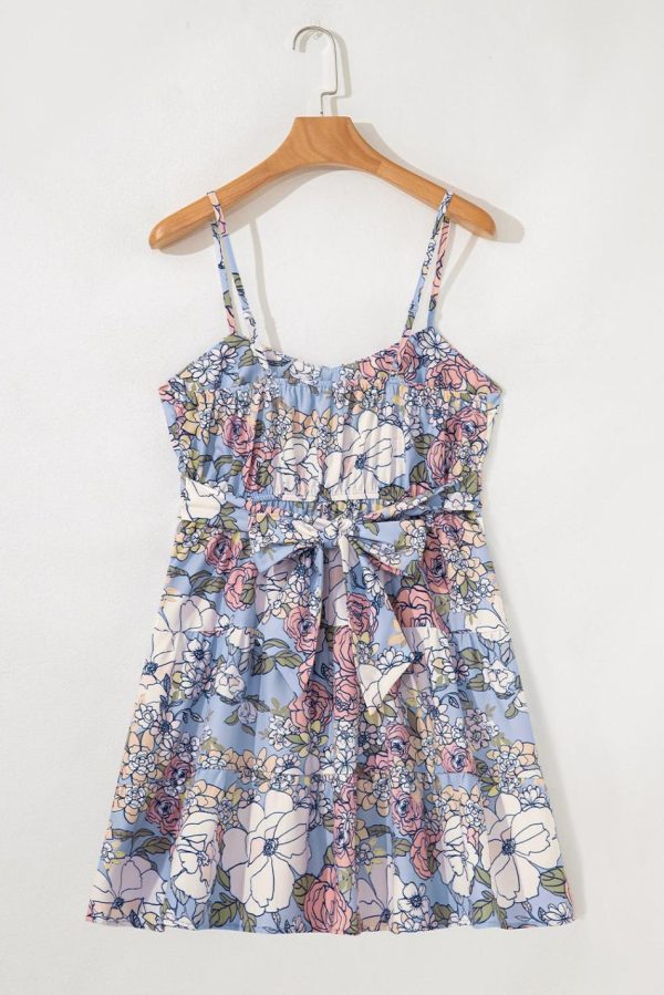 Women Sky Blue Floral Tiered Patchwork Spaghetti Strap Vacation Dress | Short Dresses - Image 2