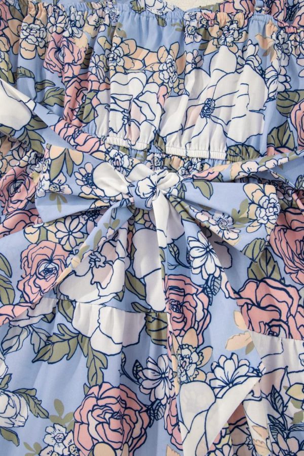 Women Sky Blue Floral Tiered Patchwork Spaghetti Strap Vacation Dress | Short Dresses - Image 3