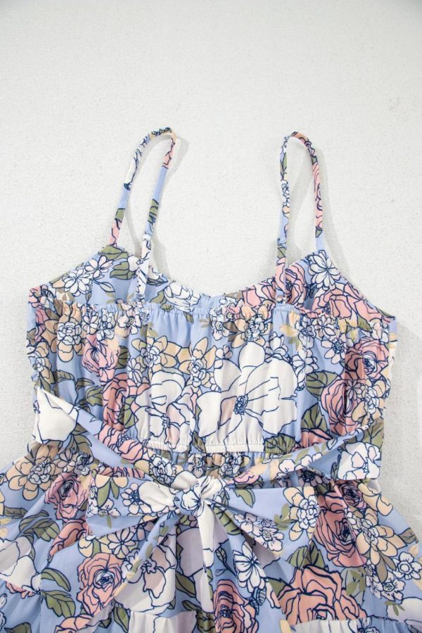 Women Sky Blue Floral Tiered Patchwork Spaghetti Strap Vacation Dress | Short Dresses - Image 4