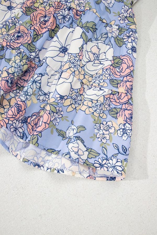 Women Sky Blue Floral Tiered Patchwork Spaghetti Strap Vacation Dress | Short Dresses - Image 6