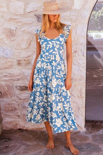 Women Sky Blue Floral U Neck Sleeveless Tiered Flowy Midi Dress | Midi Dresses