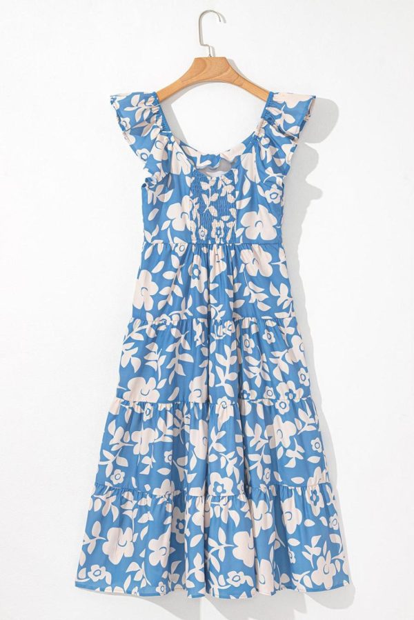 Women Sky Blue Floral U Neck Sleeveless Tiered Flowy Midi Dress | Midi Dresses - Image 2