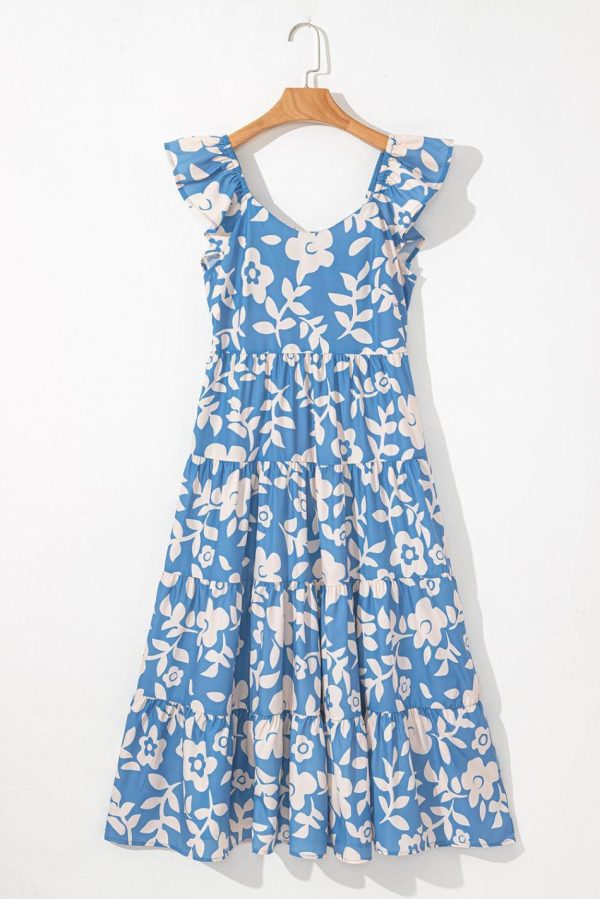 Women Sky Blue Floral U Neck Sleeveless Tiered Flowy Midi Dress | Midi Dresses - Image 3