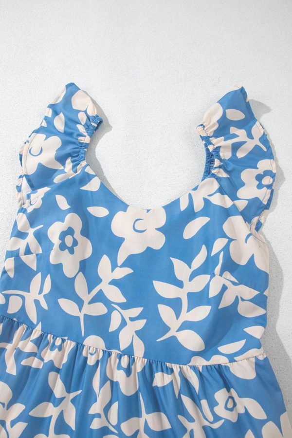Women Sky Blue Floral U Neck Sleeveless Tiered Flowy Midi Dress | Midi Dresses - Image 5