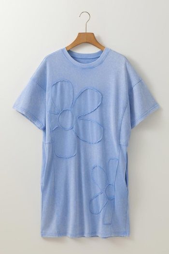 Women Sky Blue Mineral Wash Flower Patchwork Mini T Shirt Dress | Short Dresses