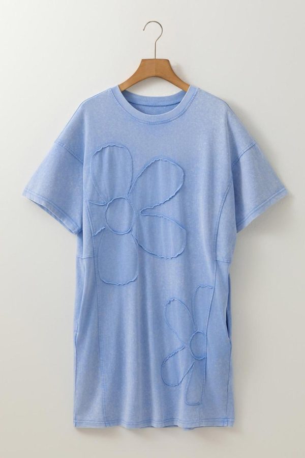 Women Sky Blue Mineral Wash Flower Patchwork Mini T Shirt Dress | Short Dresses