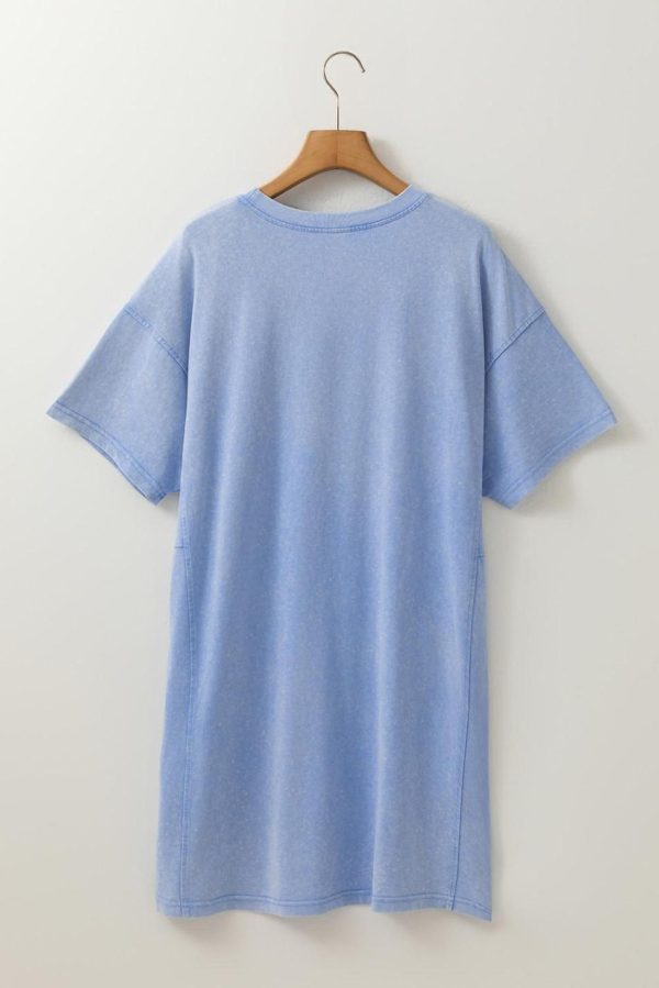 Women Sky Blue Mineral Wash Flower Patchwork Mini T Shirt Dress | Short Dresses - Image 2
