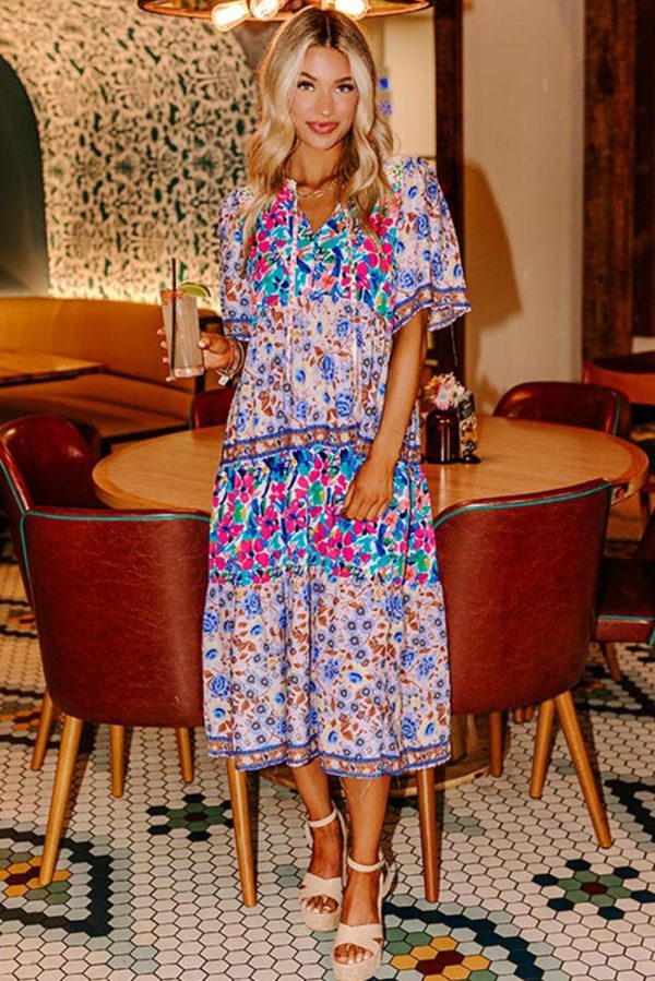 Women Sky Blue Mixed Floral Print Tie Split Neck Short Sleeve Dress | Midi Dresses - Image 2