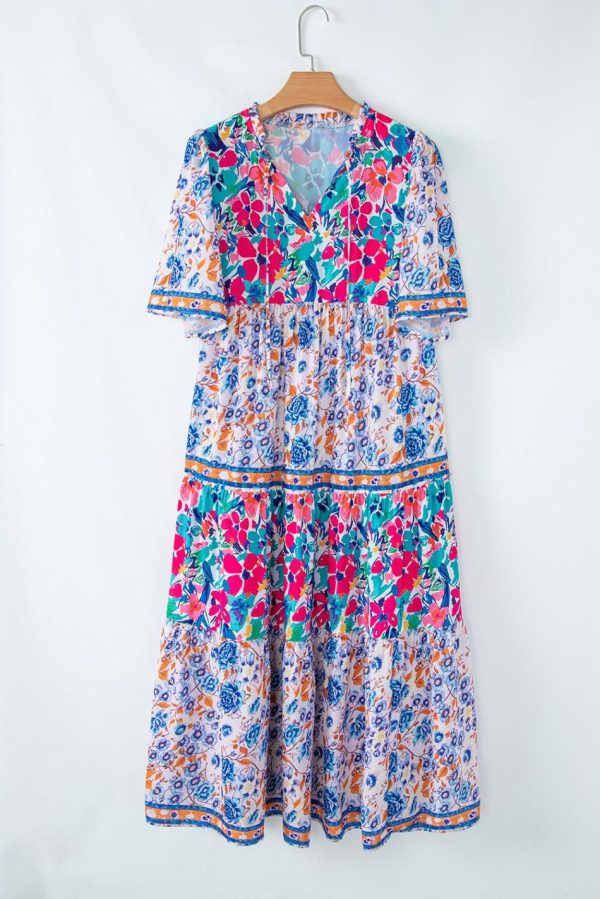 Women Sky Blue Mixed Floral Print Tie Split Neck Short Sleeve Dress | Midi Dresses - Image 5