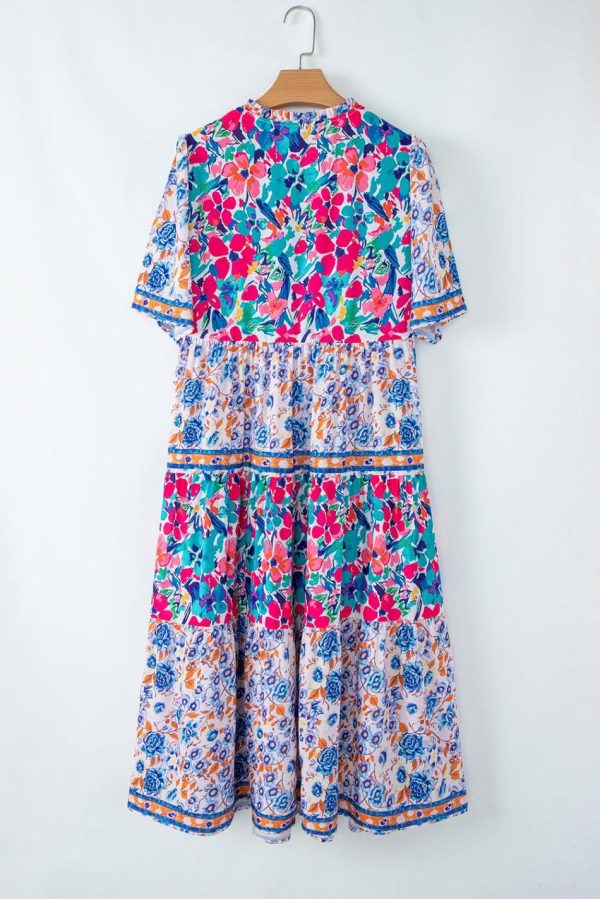 Women Sky Blue Mixed Floral Print Tie Split Neck Short Sleeve Dress | Midi Dresses - Image 6