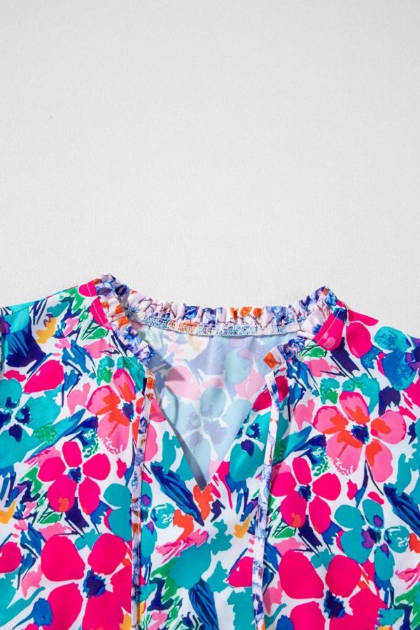 Women Sky Blue Mixed Floral Print Tie Split Neck Short Sleeve Dress | Midi Dresses - Image 7