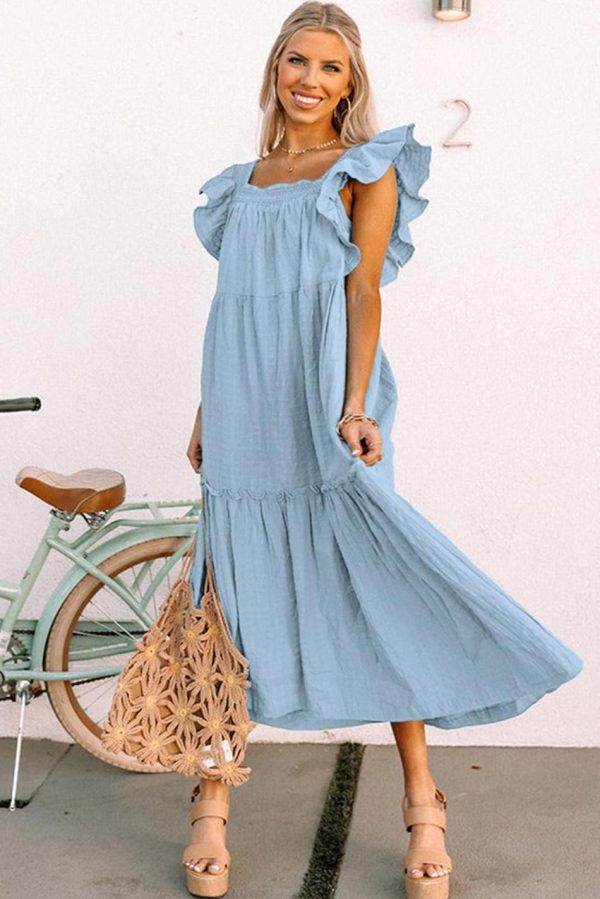 Women Sky Blue Ruffled Flutter Sleeve Square Neck Textured Tiered Maxi Dress | Maxi Dresses