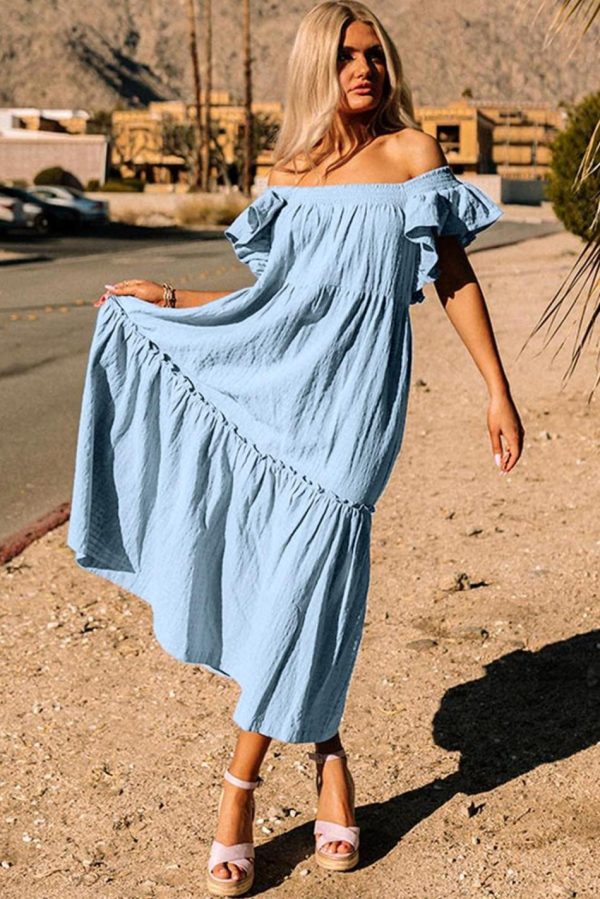 Women Sky Blue Ruffled Flutter Sleeve Square Neck Textured Tiered Maxi Dress | Maxi Dresses - Image 2