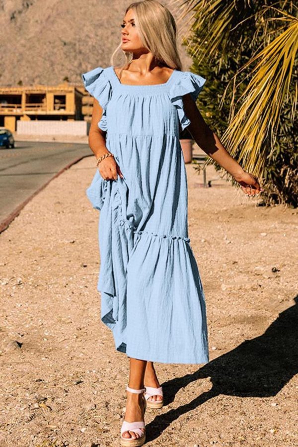 Women Sky Blue Ruffled Flutter Sleeve Square Neck Textured Tiered Maxi Dress | Maxi Dresses - Image 3