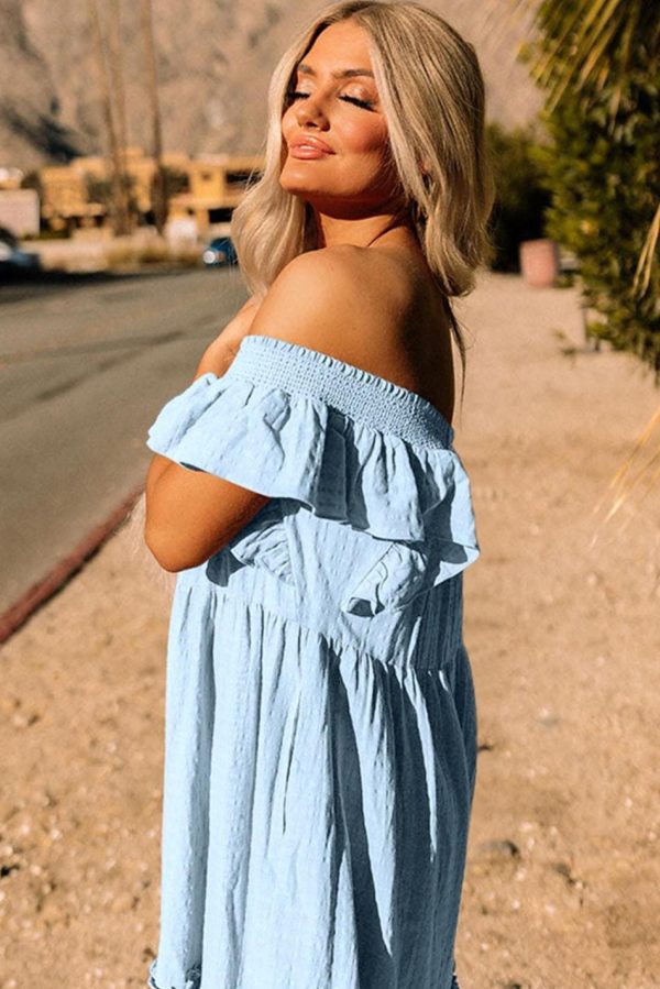 Women Sky Blue Ruffled Flutter Sleeve Square Neck Textured Tiered Maxi Dress | Maxi Dresses - Image 4