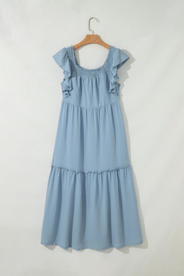 Women Sky Blue Ruffled Flutter Sleeve Square Neck Textured Tiered Maxi Dress | Maxi Dresses - Image 5