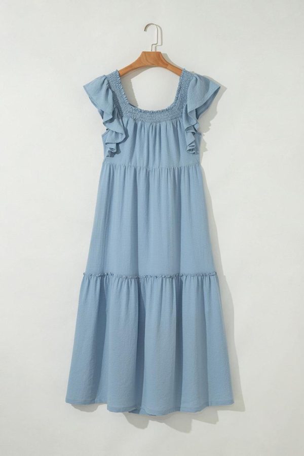 Women Sky Blue Ruffled Flutter Sleeve Square Neck Textured Tiered Maxi Dress | Maxi Dresses - Image 6