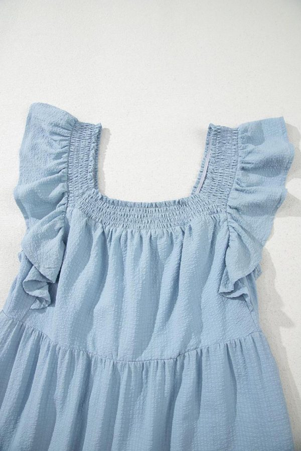 Women Sky Blue Ruffled Flutter Sleeve Square Neck Textured Tiered Maxi Dress | Maxi Dresses - Image 7