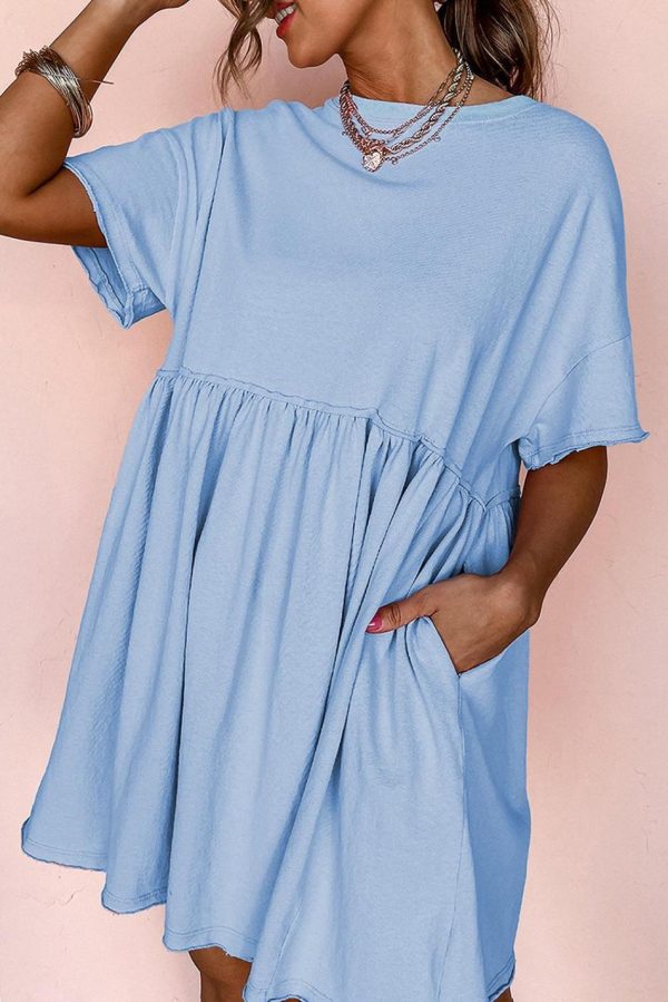 Women Sky Blue Solid Color Pocket Raw Edge Babydoll Dress | Short Dresses - Image 3