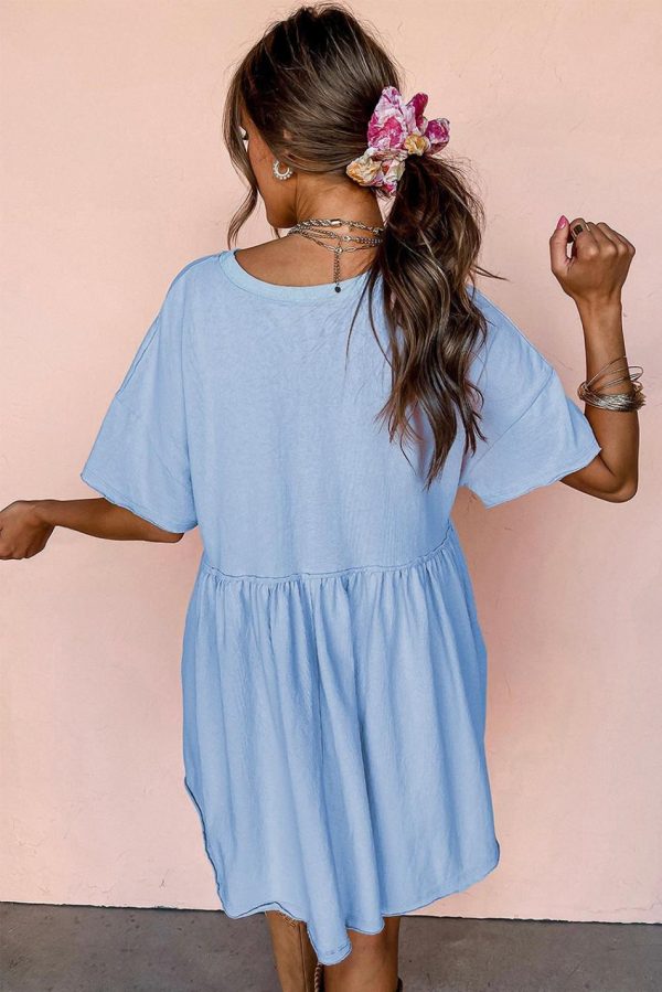 Women Sky Blue Solid Color Pocket Raw Edge Babydoll Dress | Short Dresses - Image 4