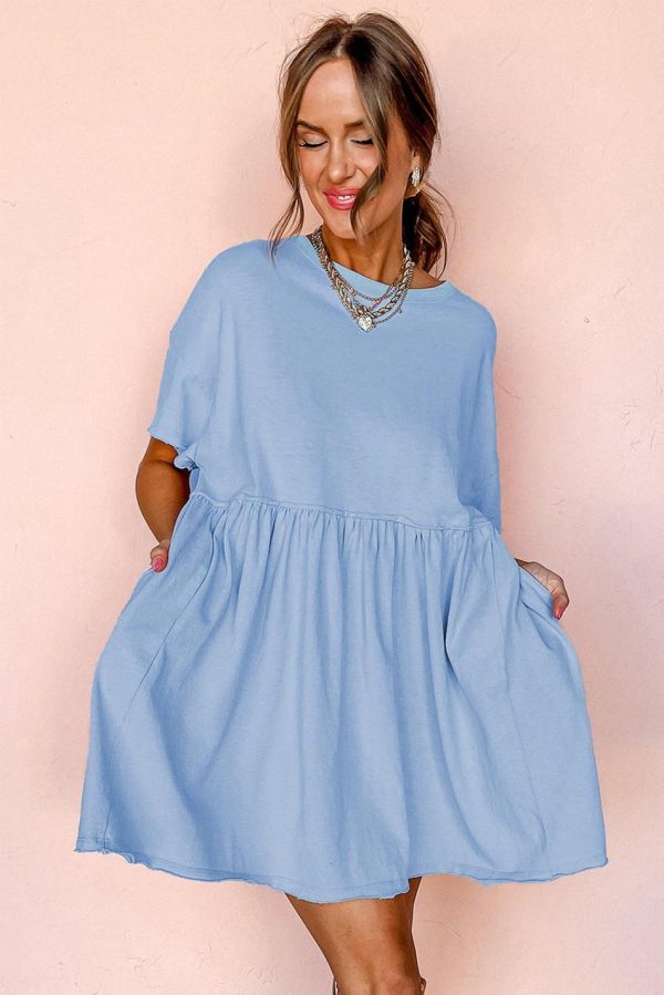 Women Sky Blue Solid Color Pocket Raw Edge Babydoll Dress | Short Dresses - Image 5