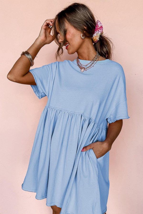 Women Sky Blue Solid Color Pocket Raw Edge Babydoll Dress | Short Dresses - Image 7