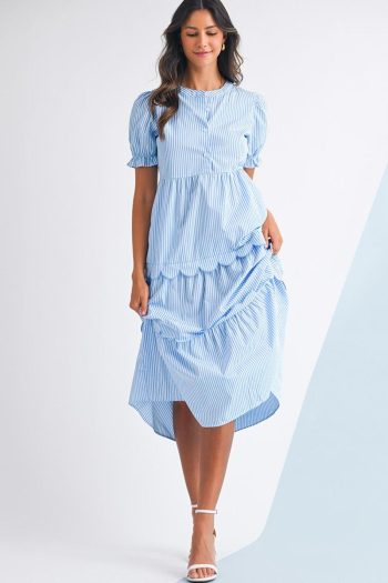 Women Sky Blue Stripe Bubble Sleeve Scallop Tiered Dress | Maxi Dresses