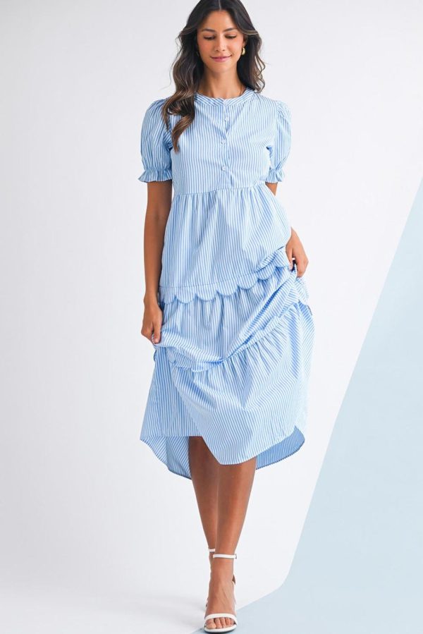 Women Sky Blue Stripe Bubble Sleeve Scallop Tiered Dress | Maxi Dresses