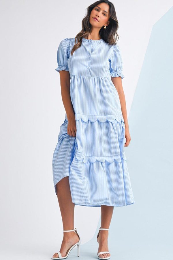 Women Sky Blue Stripe Bubble Sleeve Scallop Tiered Dress | Maxi Dresses - Image 2