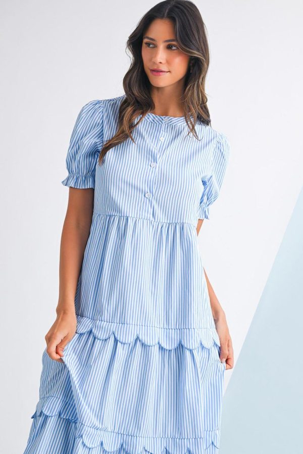 Women Sky Blue Stripe Bubble Sleeve Scallop Tiered Dress | Maxi Dresses - Image 3