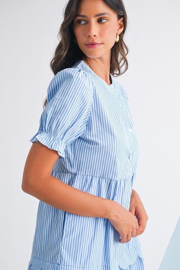 Women Sky Blue Stripe Bubble Sleeve Scallop Tiered Dress | Maxi Dresses - Image 4