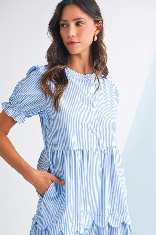 Women Sky Blue Stripe Bubble Sleeve Scallop Tiered Dress | Maxi Dresses - Image 5