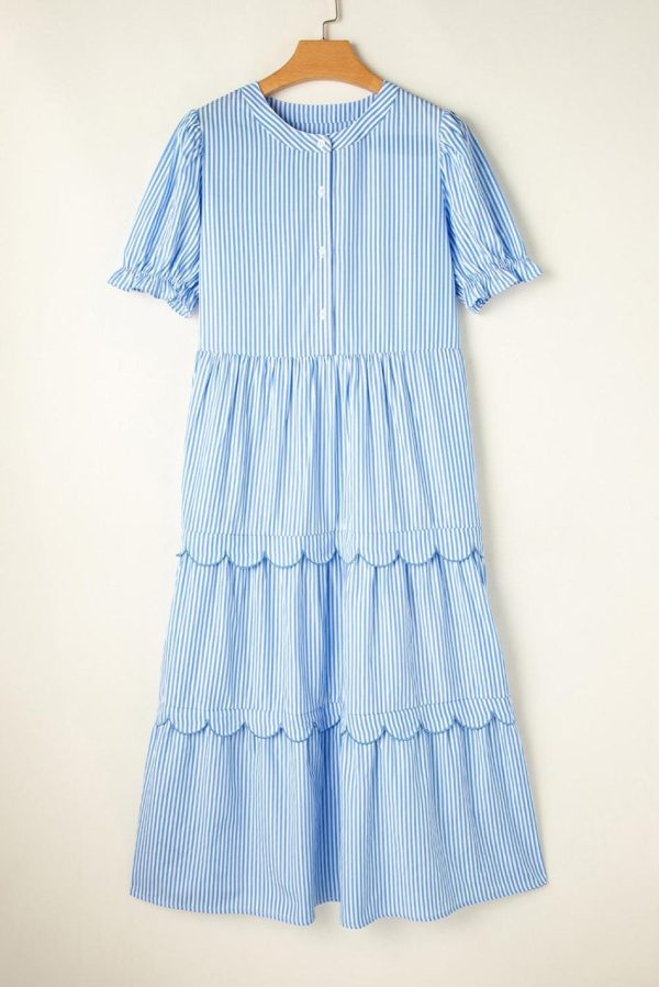 Women Sky Blue Stripe Bubble Sleeve Scallop Tiered Dress | Maxi Dresses - Image 6