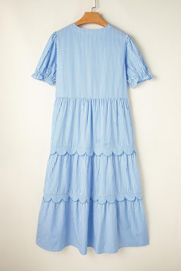 Women Sky Blue Stripe Bubble Sleeve Scallop Tiered Dress | Maxi Dresses - Image 7